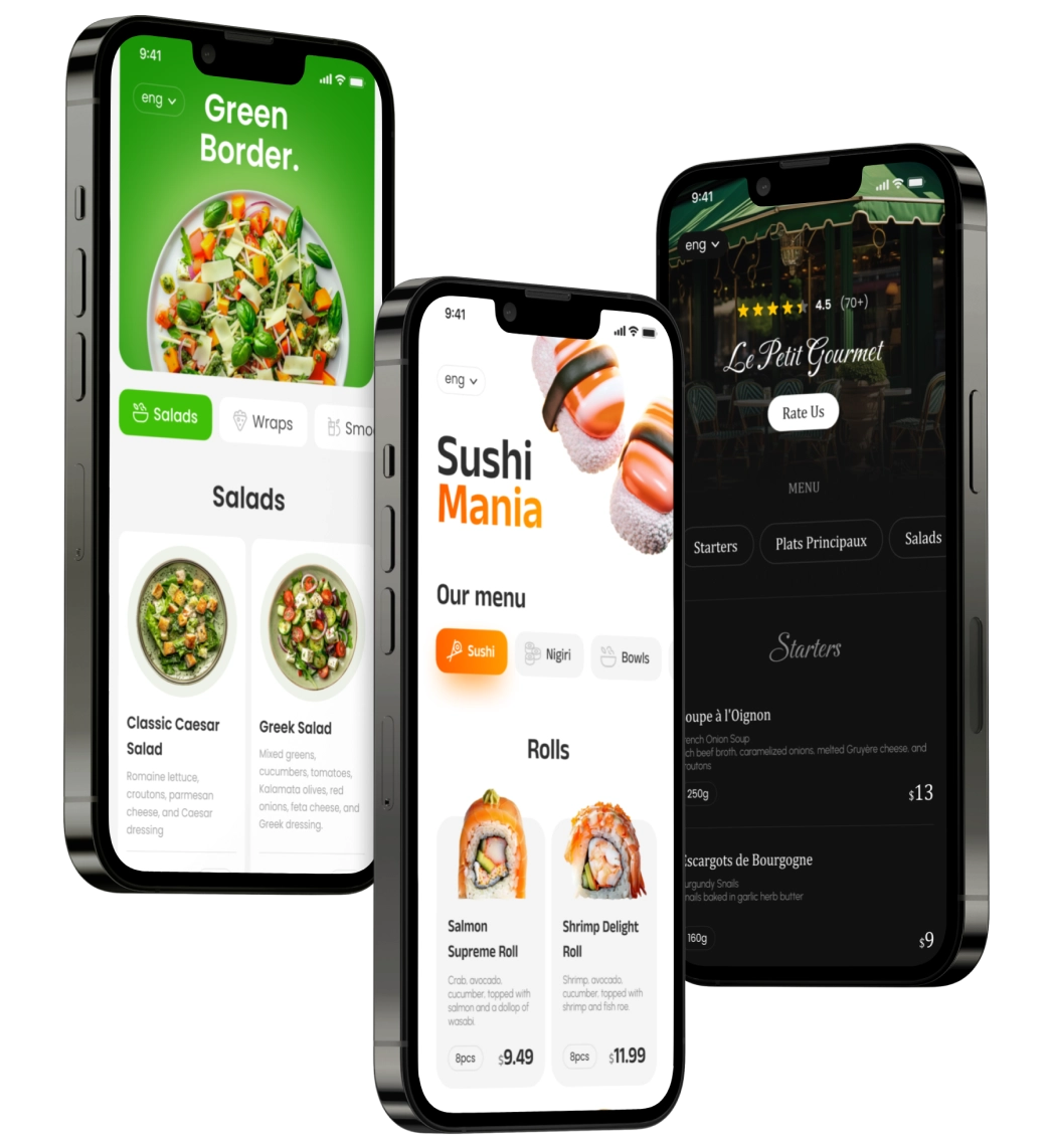 three phone apps with different restaurant templates