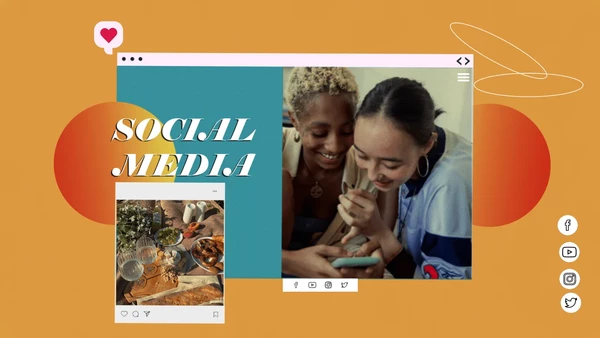 Browser window with photos ans social media icons