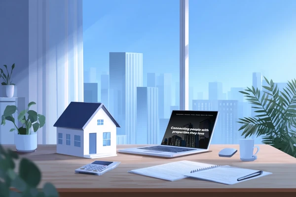 Laptop ze stroną agencji nieruchomości na biurku
