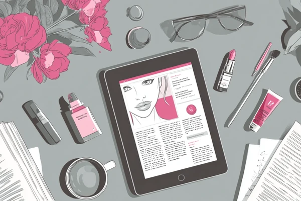 Una tableta con una vista del sitio web del salón de belleza, sobre un escritorio rodeado de productos de belleza.