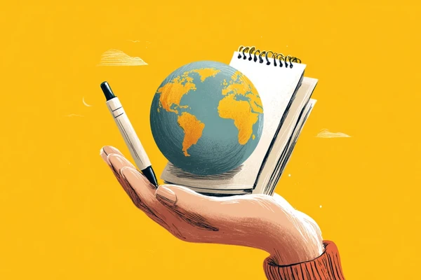 Mano sosteniendo un globo terráqueo, un bolígrafo y un cuaderno