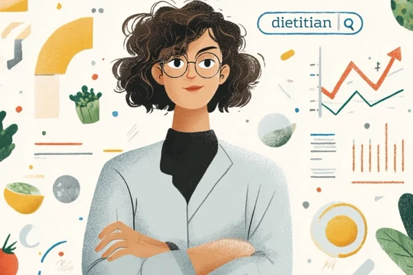 Un nutricionista seguro de sí mismo rodeado de sutiles iconos digitales.