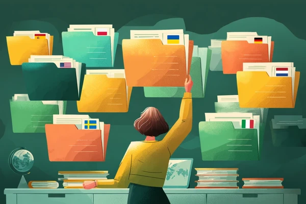 Una mujer ordenando archivos multilingües