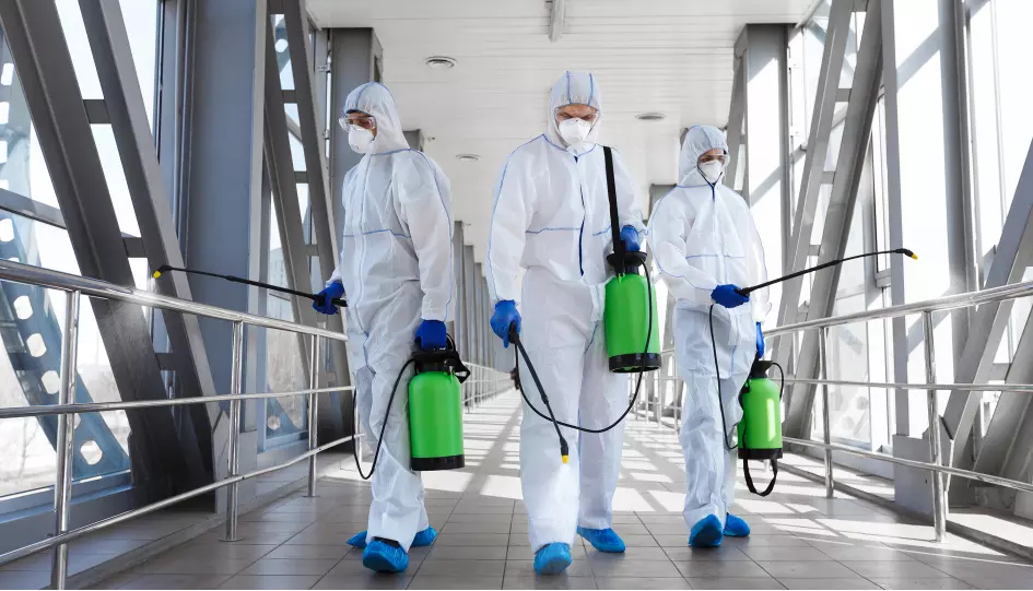 three workers in protective suits carry out disinfection