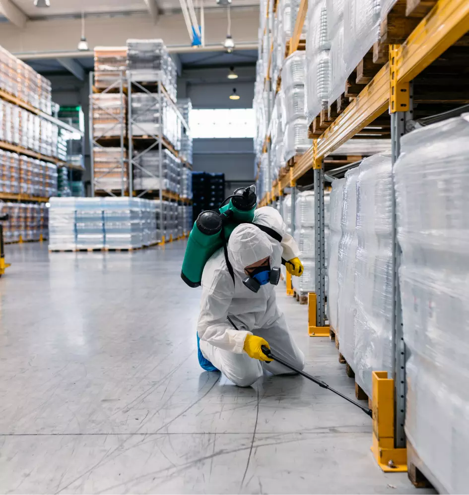 a man in a white protective suit