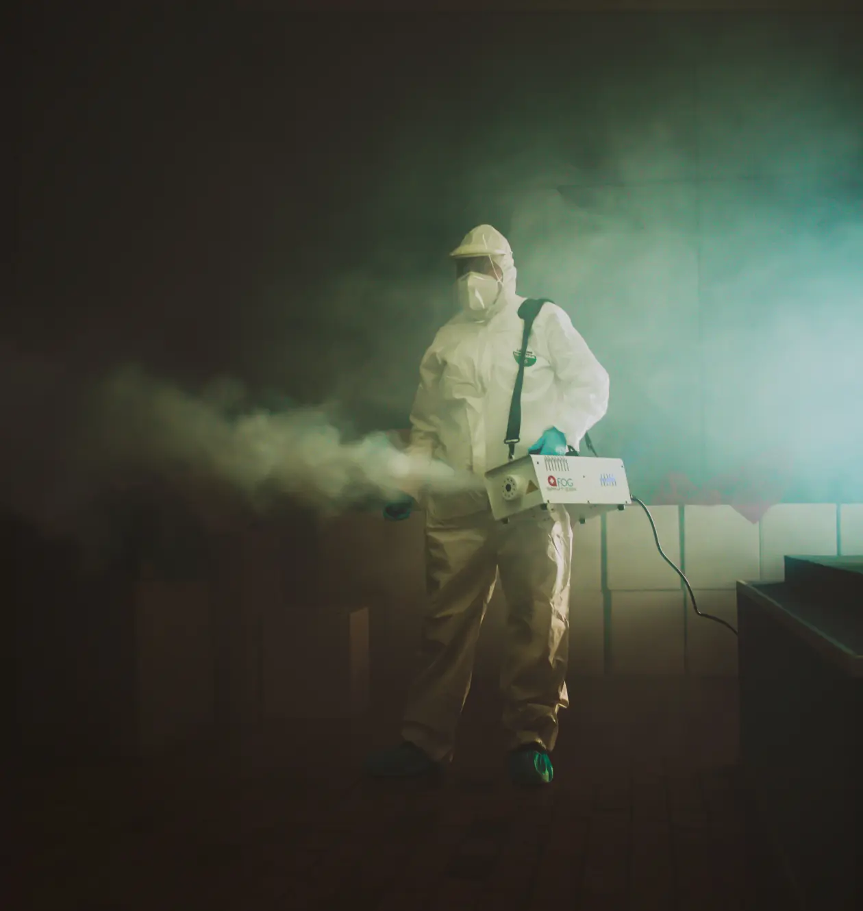 a man in a white protective suit