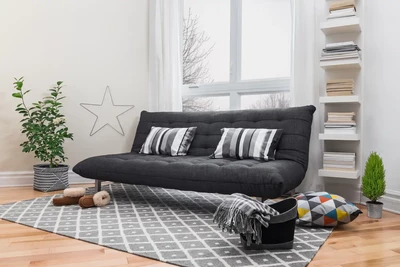 Moderní obývací pokoj se vyznačuje elegantní černou futonovou pohovkou s pruhovanými polštáři, položenou na geometrickém koberci.