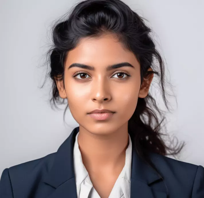 une fille en tailleur sombre avec de longs cheveux noirs