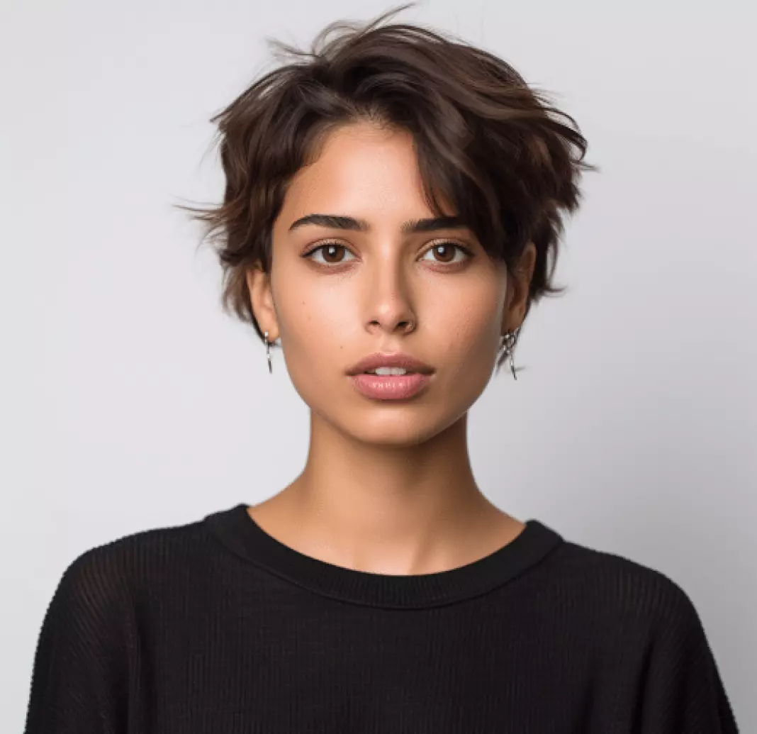 une fille en sweat-shirt foncé avec une coupe de cheveux courte