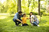 Eine Familie genießt einen sonnigen Tag im Park; ein Mann, eine Frau und ein junges Mädchen hocken auf dem Rasen.