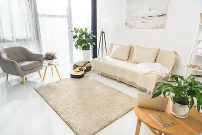 Minimalistinis svetainės kambarys su smėlio spalvos sofa, pilku foteliu, mediniu stalu, augalais ir baltomis sienomis