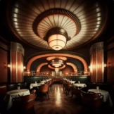 Ein elegantes, dezent beleuchtetes Restaurant im Art-déco-Stil mit runden Deckenleuchten und dunkler Holzvertäfelung.