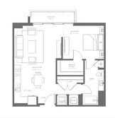 Floor plan with living room, kitchen, and bedroom layout.