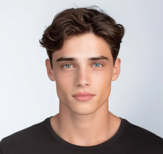 young guy with dark wavy hair and a dark T-shirt
