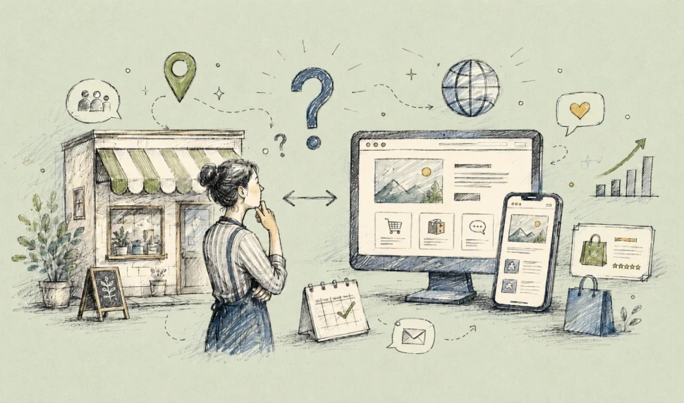 Illustration of a woman considering a website for her business