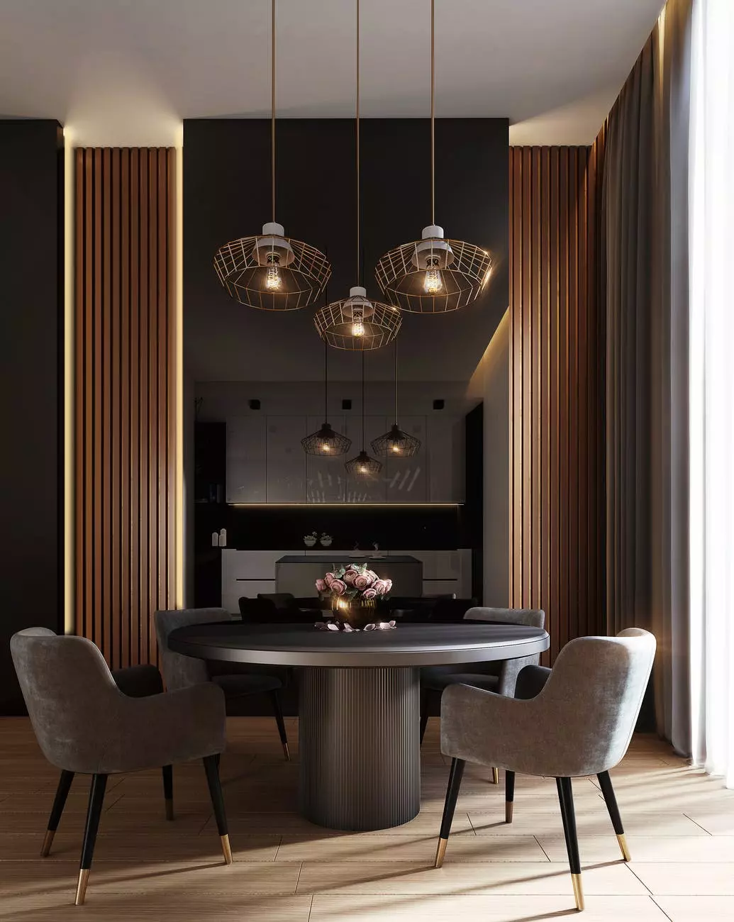 a room with a table and chairs