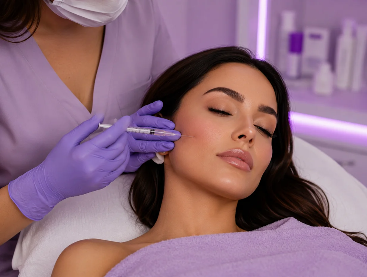 Kobieta poddaje się zabiegowi mezoterapii igłowej na twarz w salonie spa