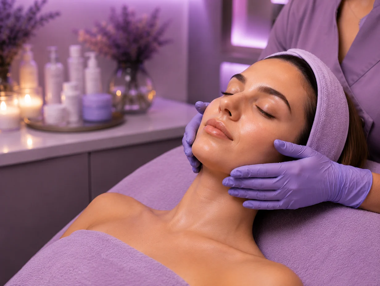Kobieta poddaje się zabiegowi na twarz w salonie spa