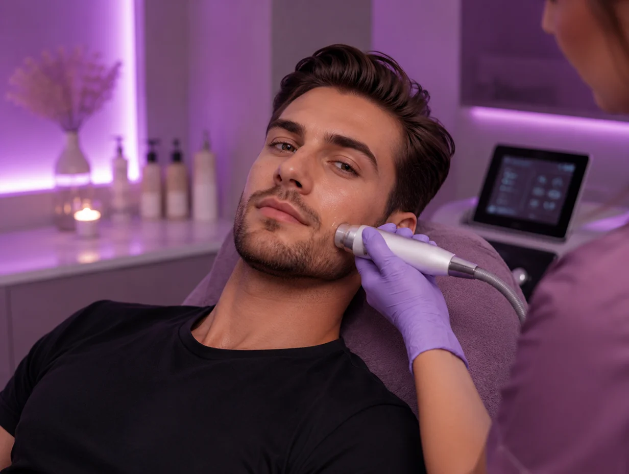 Mężczyzna poddaje się zabiegowi na twarz w salonie spa