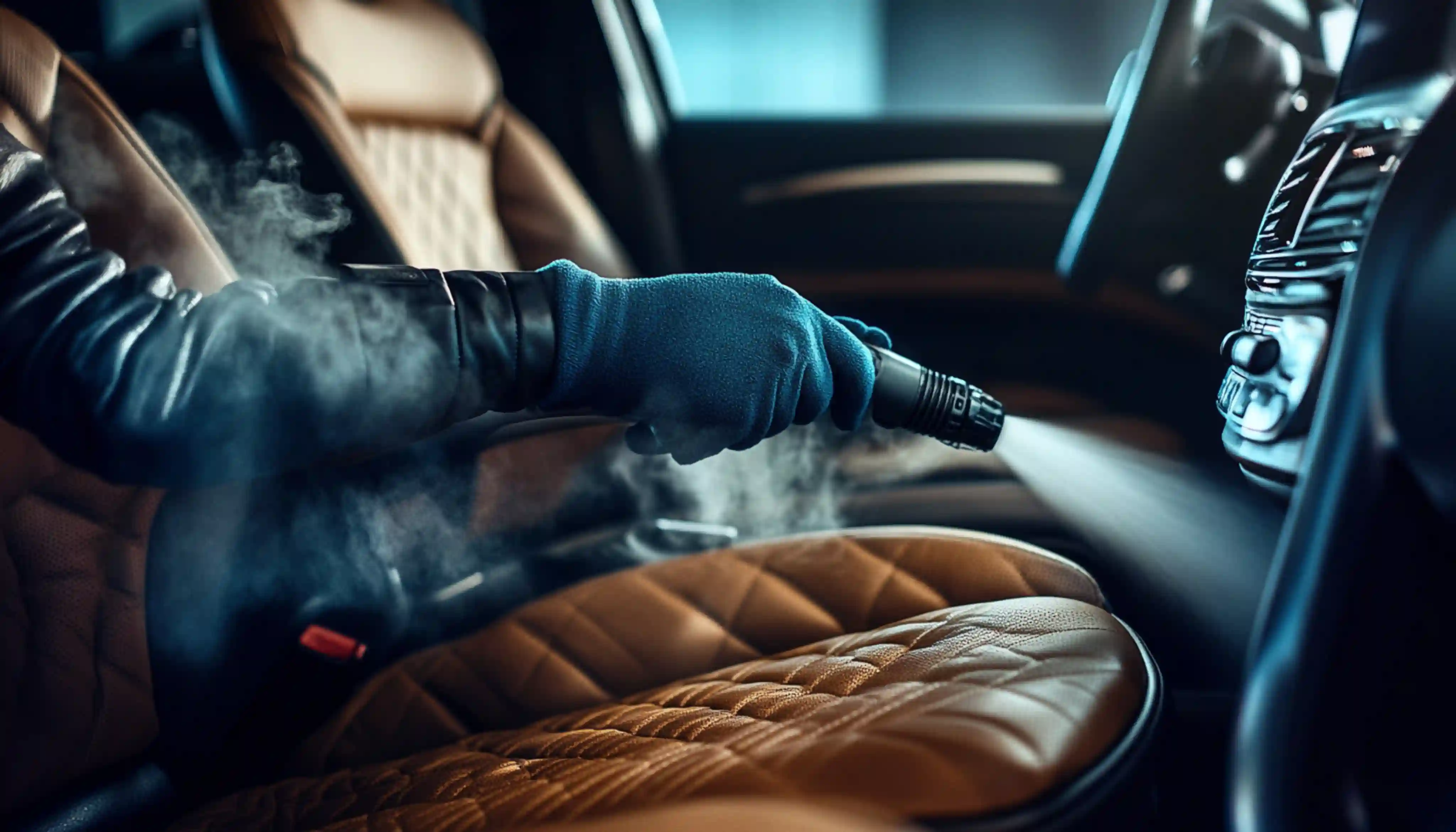 Person cleaning a car seat with a steam cleaner