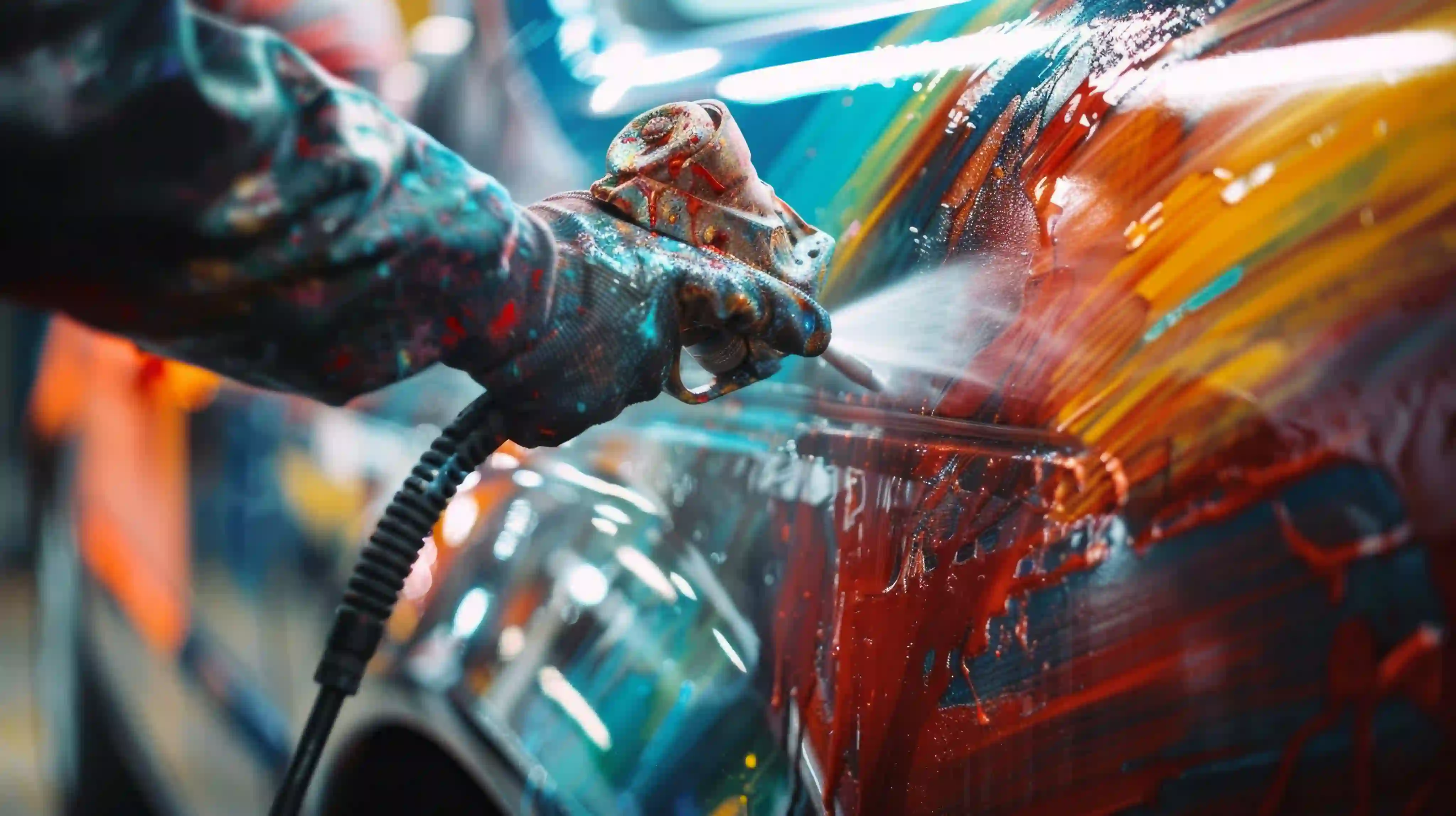 Person using spray gun on colorful surface