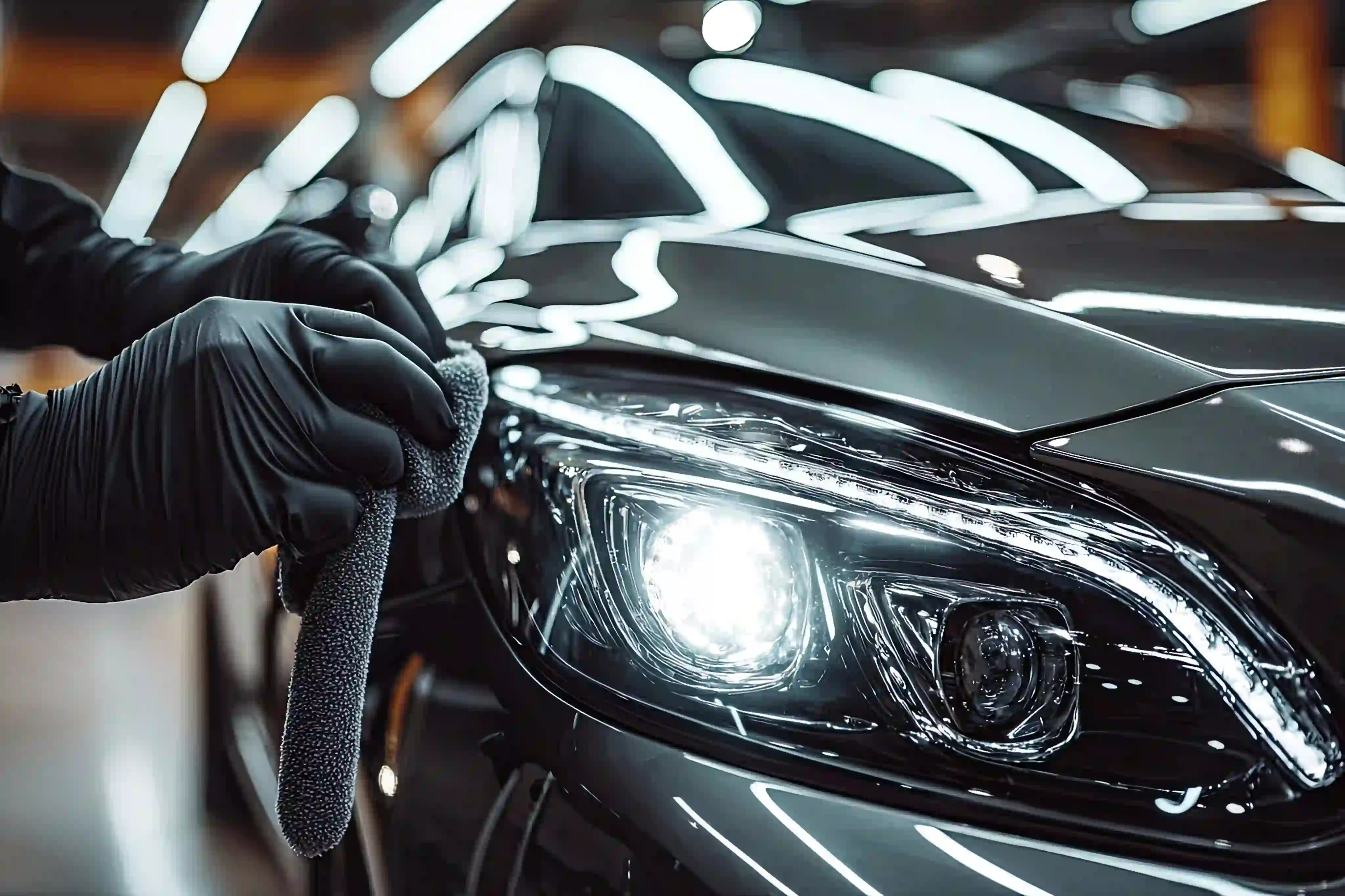 Person cleaning a car's headlight with a cloth