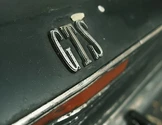 Close-up of a car badge displaying