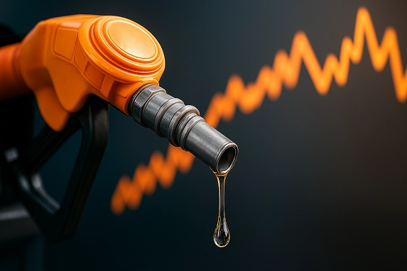 An orange fuel nozzle with a droplet of gasoline hanging from its tip is set against a blurred background featuring a zigzag line, suggesting fluctuating fuel prices.