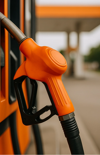 An orange fuel pump nozzle is attached to a dispenser at a gas station, with a blurred background showing a canopy and some greenery.