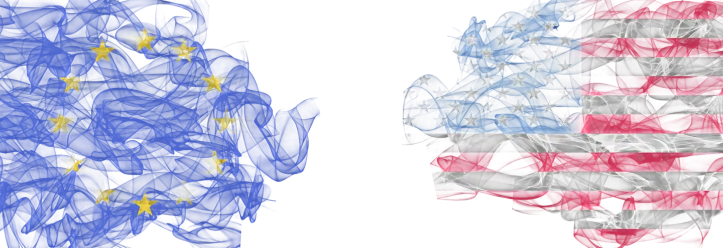 Two clumps of smoke from which flags can be seen