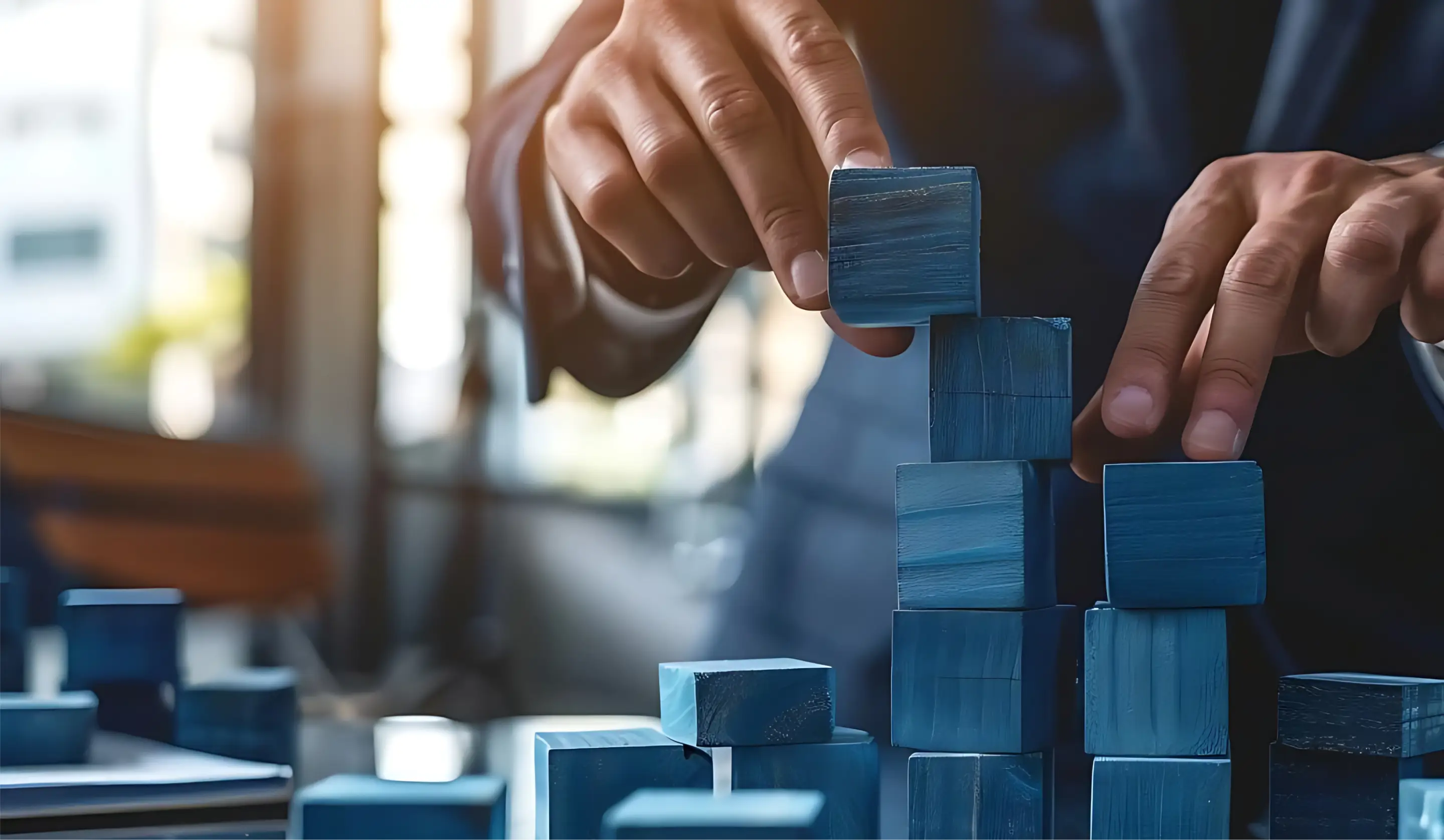 Men's hands building a tower of blocks