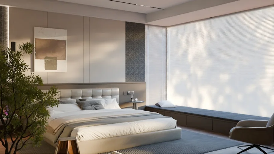 Contemporary master bedroom interior showcase with neutral tones, large windows, indoor plants, and a comfortable bed setup next to a testimonial block
